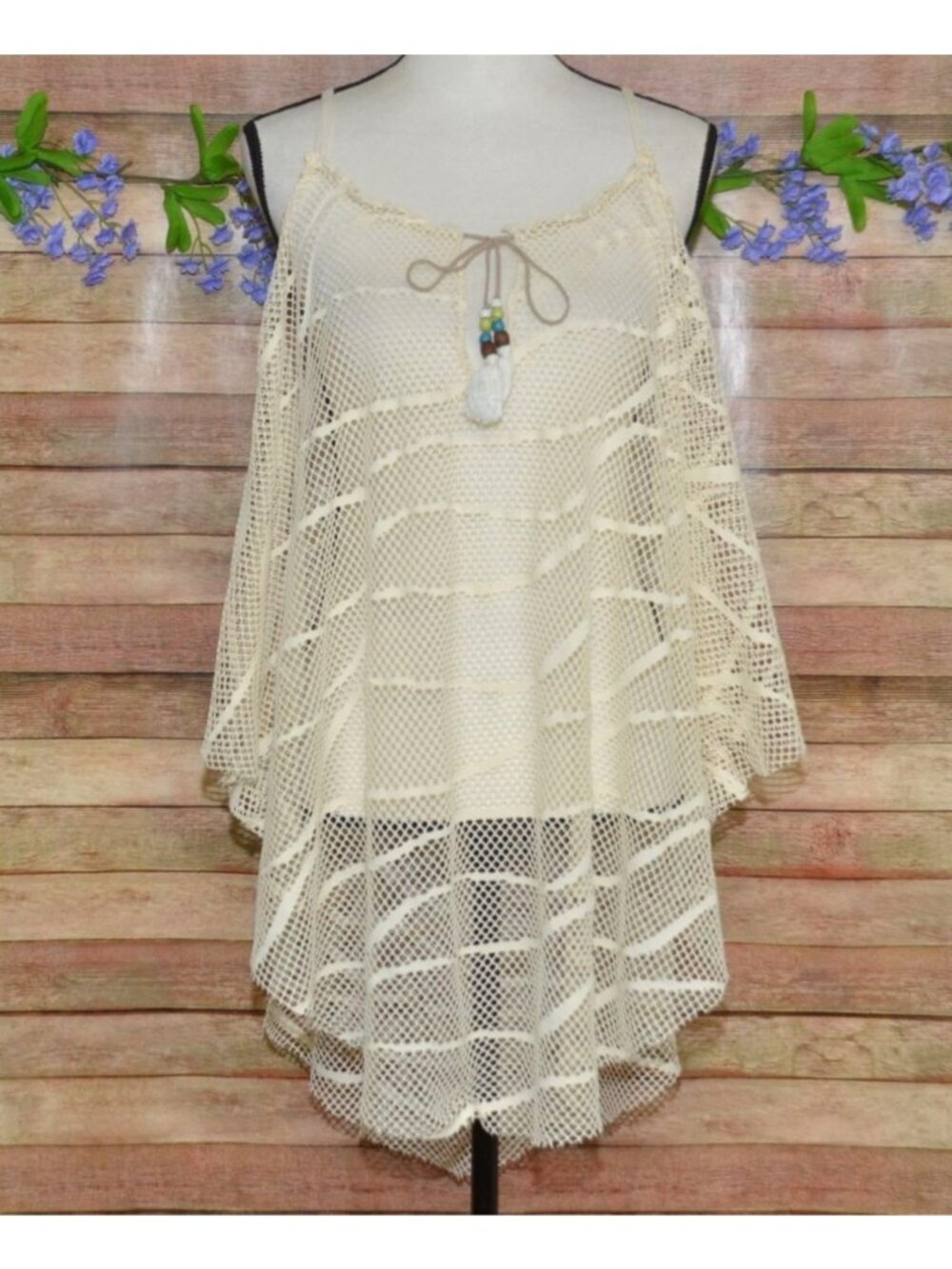 Lucky Brand Swimwear Cream Net Cover Up One Size OSFM Boho Tassels Beach Poncho